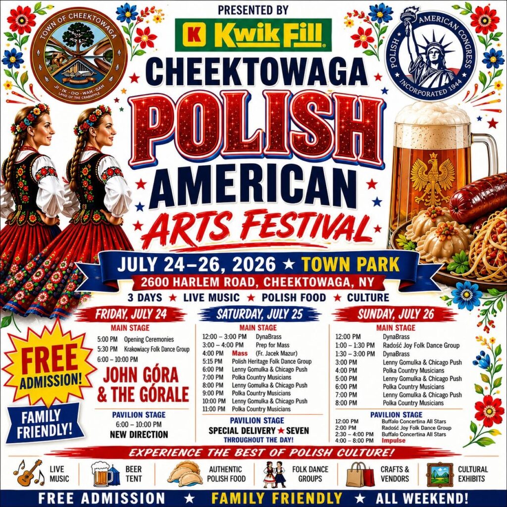 Festival poster for the Cheektowaga Polish American Arts Festival, July 24–26, 2026, held all weekend at Cheektowaga Town Park, 2600 Harlem Road, Cheektowaga, NY 14225. Features traditional Polish food and pastries, live music and folk performances, arts and crafts, cultural exhibits, and children's activities. All are welcome.