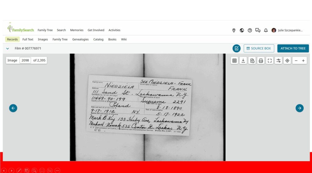 Slide from Research Night presentation showing a Naturalization Index Card found online at FamilySearch.